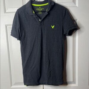 American Eagle Outfitters Men's Dark Gray Polo with Neon Green Accents